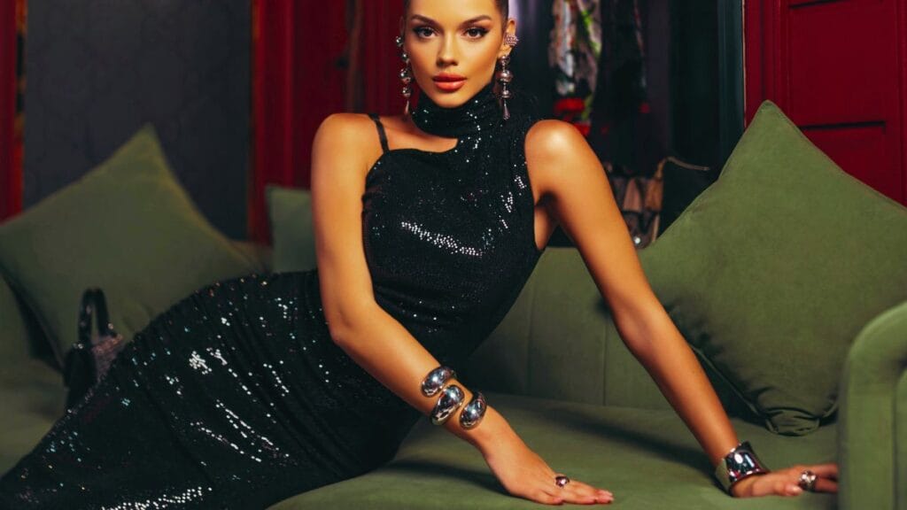 Woman wearing a sparkling black plus-size dress, adorned with shiny silver bracelets and earrings, reclining on a green sofa in a luxurious setting.