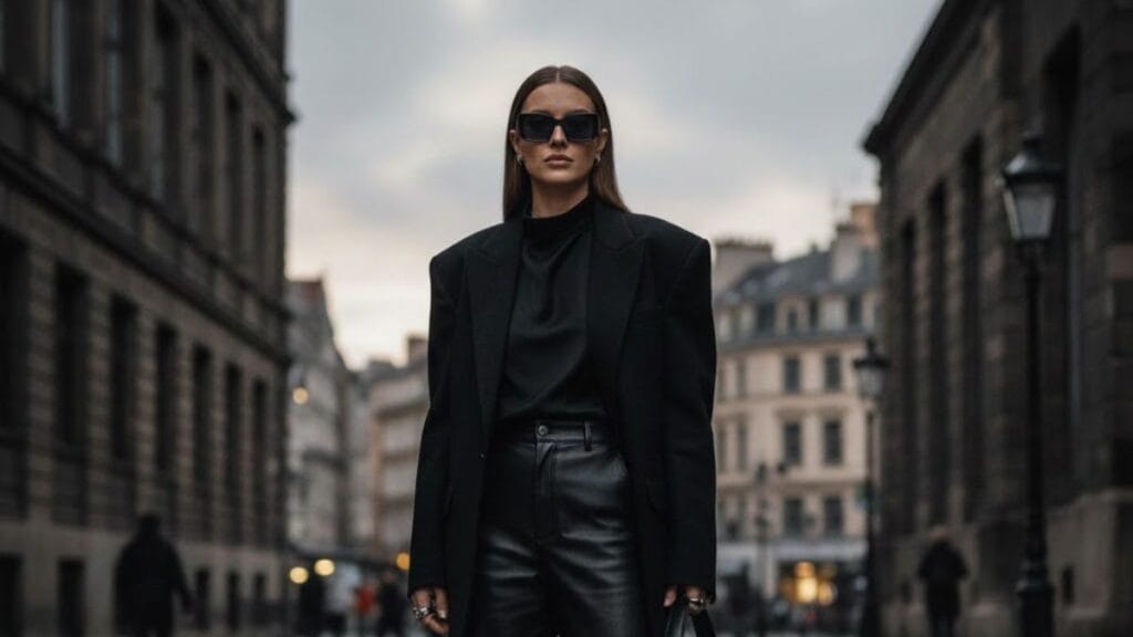 Model wearing an all-black monochrome outfit with leather boots and structured blazer in an urban setting