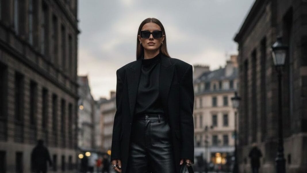 Model wearing an all-black monochrome outfit with leather boots and structured blazer in an urban setting