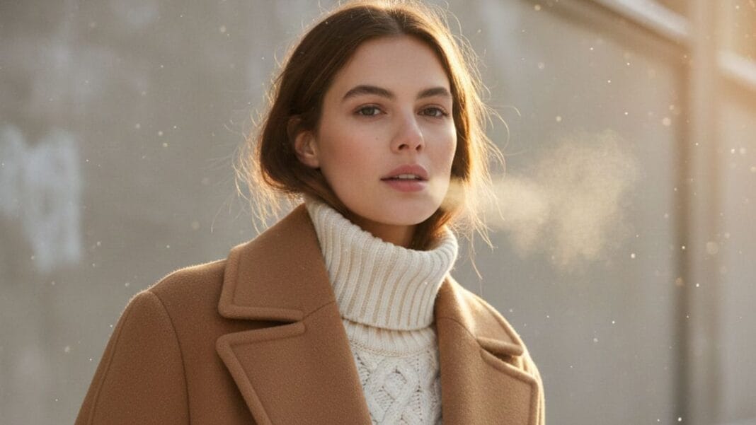 Cozy Wool & Knit Elegance in Soft Light Woman wearing a warm luxe textures wool coat and knit sweater against a muted winter backdrop