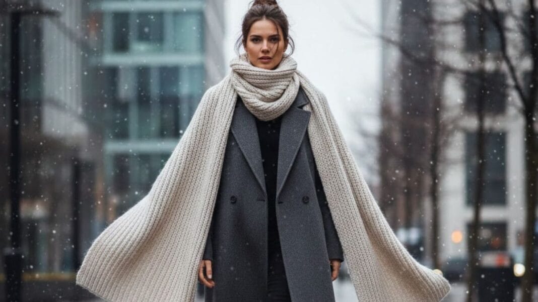 Oversized Scarf Winter Editorial Look Woman with oversized scarf Styling wool scarf styled over a long winter coat