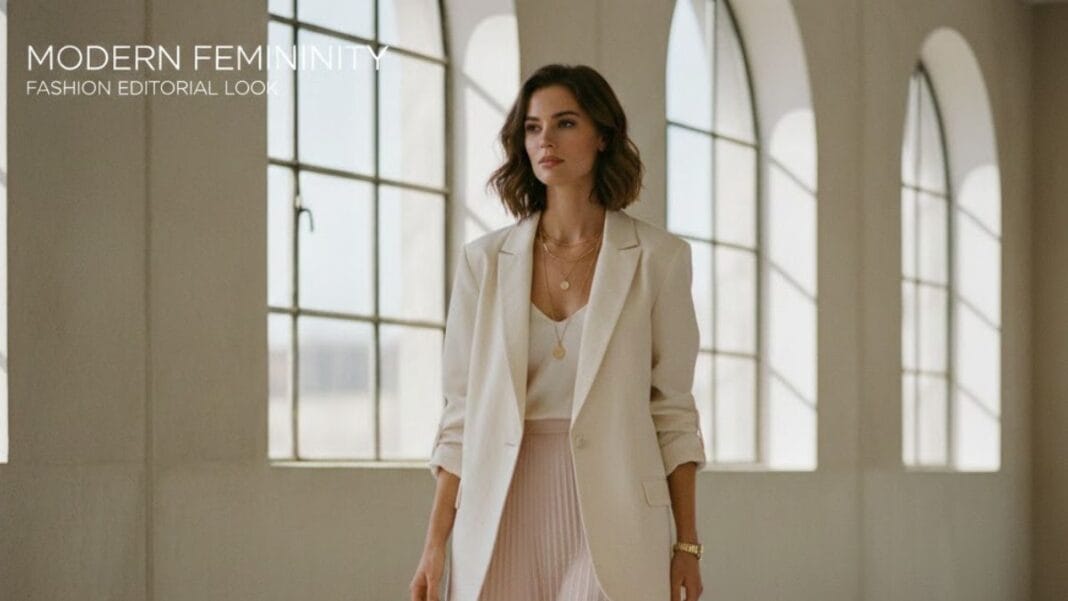 Woman wearing modern feminine outfit with soft tailoring and clean lines