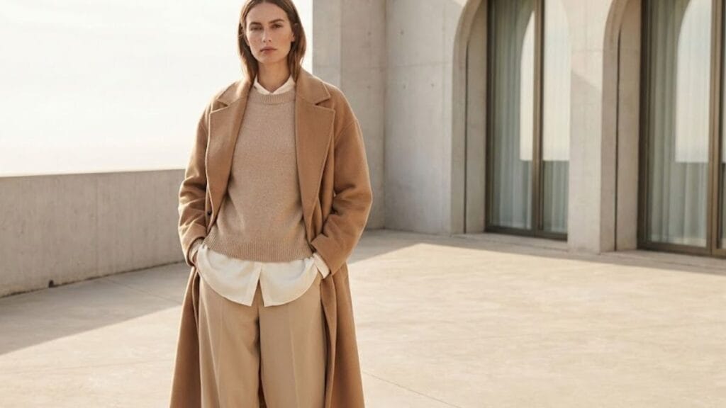Woman wearing a timeless neutral wardrobe with beige and camel tones