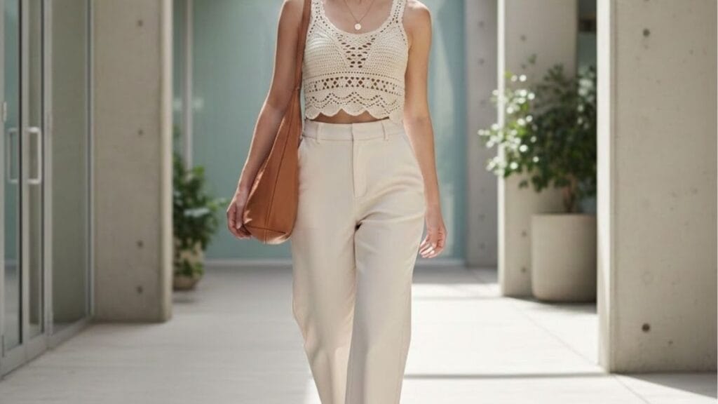 Crochet top styled with casual bottoms for a modern fashion look