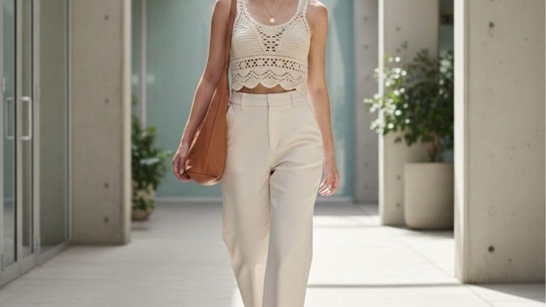 Crochet top styled with casual bottoms for a modern fashion look