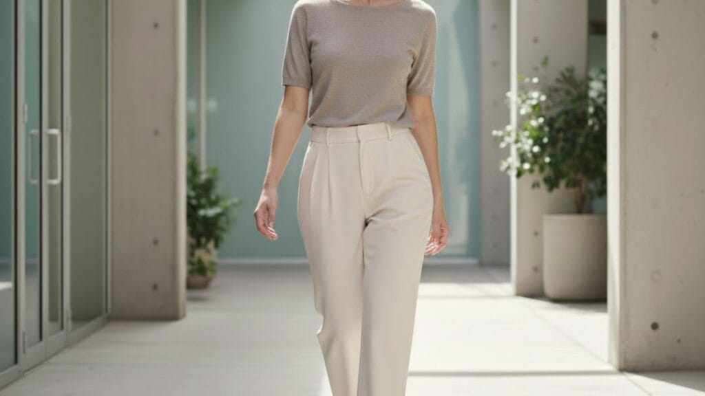 pleated trousers styled with a minimalist top for everyday fashion