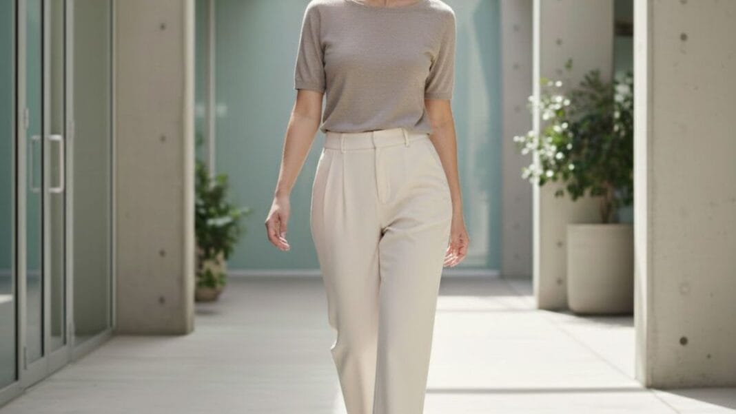 pleated trousers styled with a minimalist top for everyday fashion