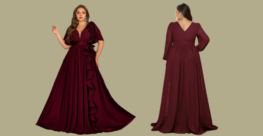 “A plus-size model exploring a range of long-sleeve formal gowns from multiple retailers, highlighting diverse size options, inclusive catalogs, and convenient online shopping.”
