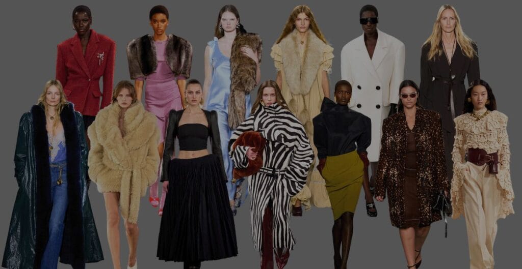 A fashion-forward winter ensemble featuring a plush camel coat, chunky knit sweater, tailored wool trousers, and knee-high boots, set against a snowy urban backdrop.