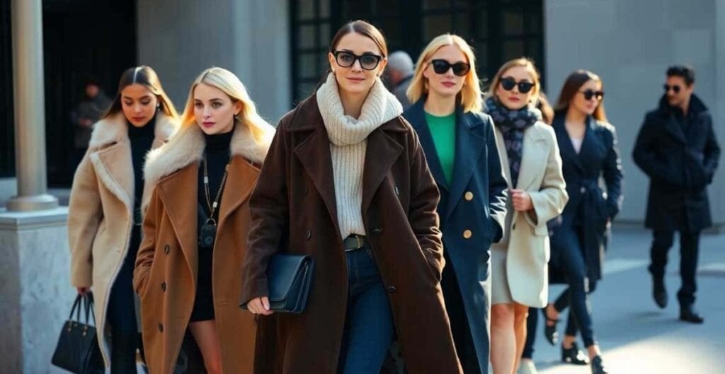 A stylish winter coat lineup featuring a sleek wool trench, a puffer with a glossy finish, a tailored belted wool coat, and a capsule of faux-fur trims, all layered against a snowy urban backdrop.