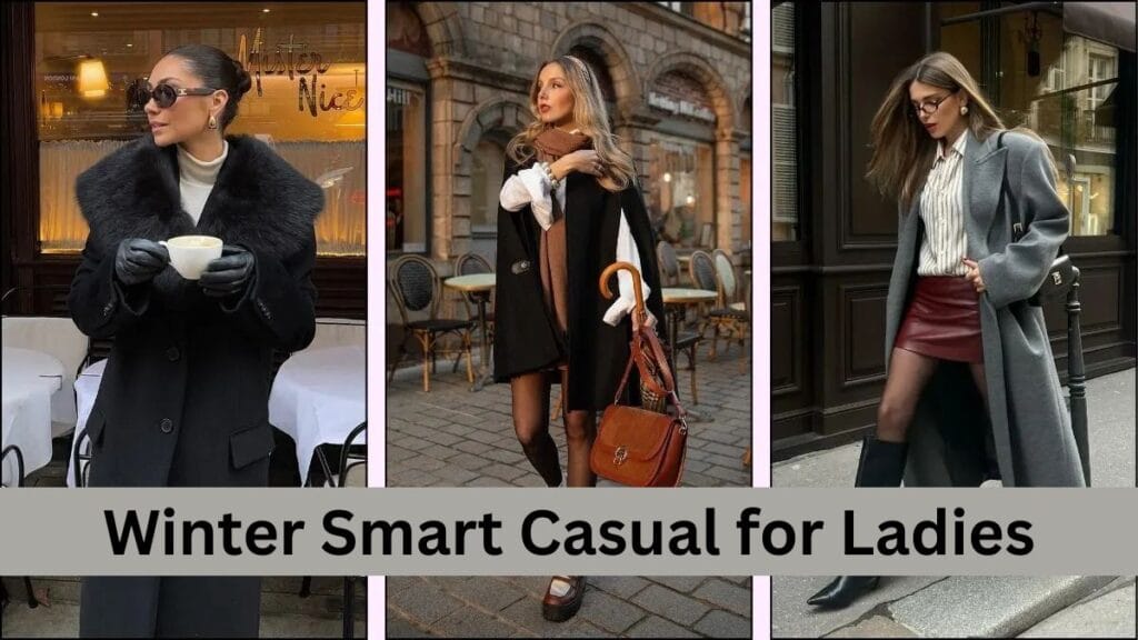 A collage of three stylish women dressed in winter smart casual outfits, each wearing chic coats, scarves, and boots in various urban settings.