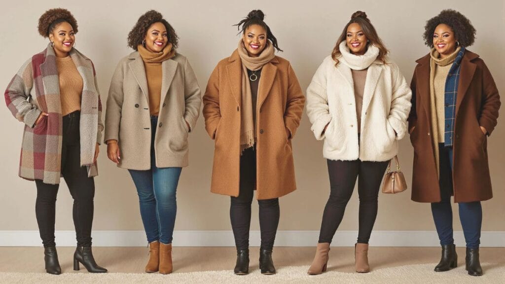 A group of women in stylish winter coats and boots, featuring different colors and patterns, showcasing trendy winter fashion for cold weather.