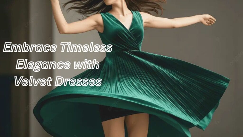  A woman twirls in a vibrant green velvet dress, showcasing its luxurious pleats and flow. 
