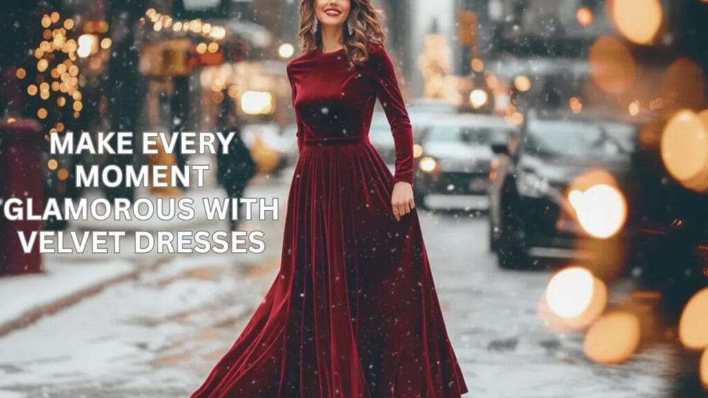 A woman in a red velvet dress stands on a snowy city street, smiling confidently. The background features glowing city lights and snowflakes, with the text