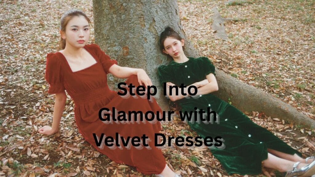 Two women are lounging on the ground beneath a tree, wearing velvet dresses—one in a rich burgundy and the other in deep green. The image is serene and natural, with fallen leaves around them. The text "Step Into Glamour with Velvet Dresses" is prominently displayed, highlighting the elegance and charm of velvet as the fabric of choice for effortless style.