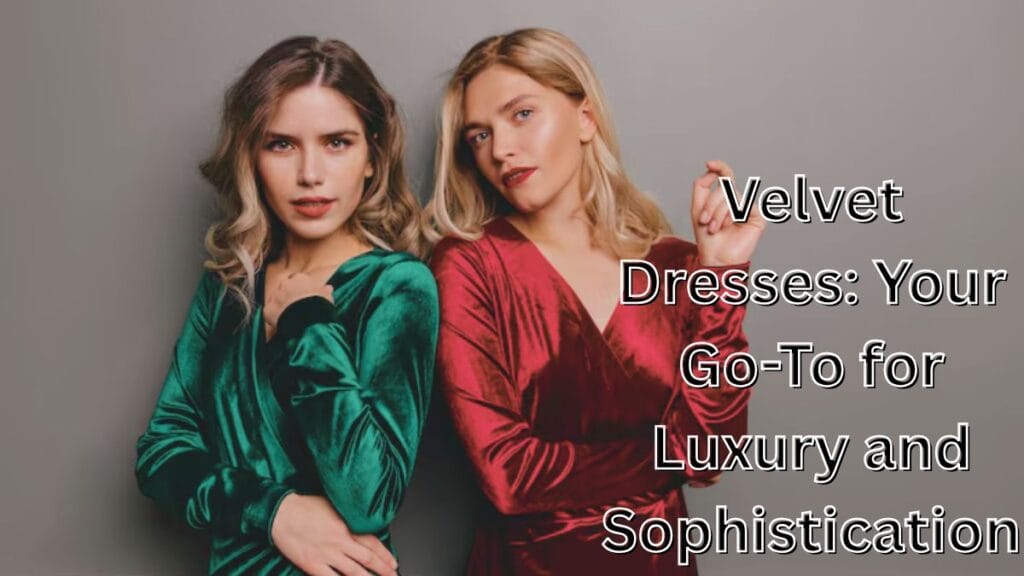 Two women pose confidently, one in a green velvet dress and the other in a red velvet dress, exuding luxury and sophistication. The image emphasizes their elegance, with the text "Velvet Dresses: Your Go-To for Luxury and Sophistication" highlighting the timeless appeal of velvet as the perfect choice for a glamorous look.