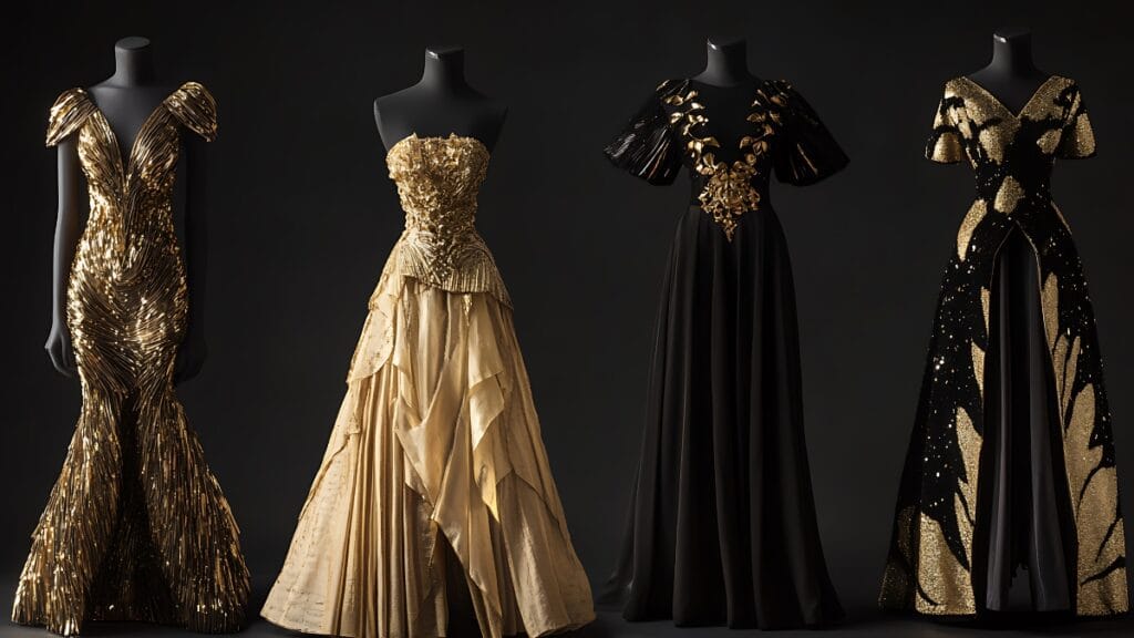 A collection of luxurious ball gown dresses in gold and black, featuring intricate detailing and modern silhouettes