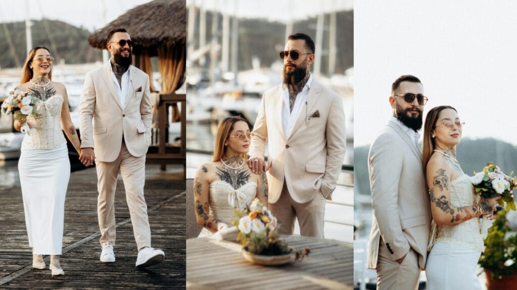 Dressy suits for wedding: Groom in a light suit with tattoos and sunglasses