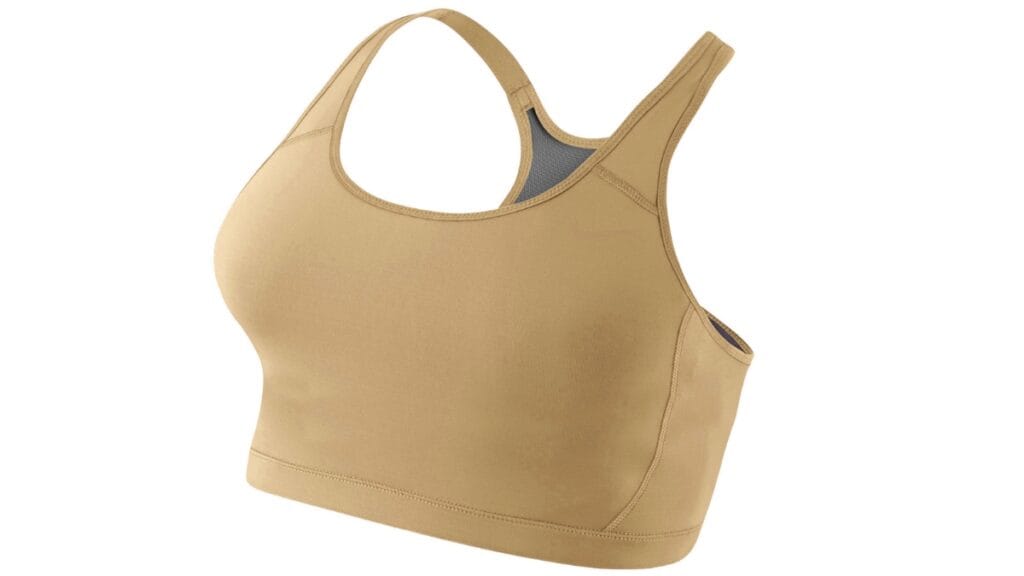 Full figure sports bra in beige color with a sleek design, offering support for active wear