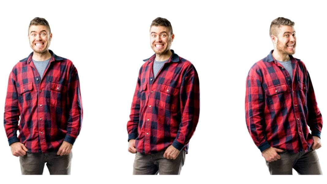 Men wearing red flannel shirts big and tall in different standing poses.