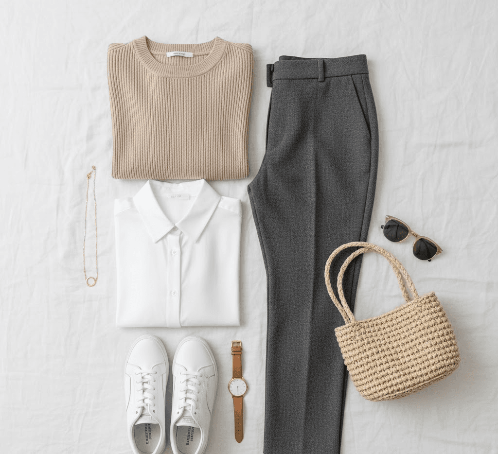 Neutral minimalistic capsule wardrobe clothing essentials arranged flat on white background