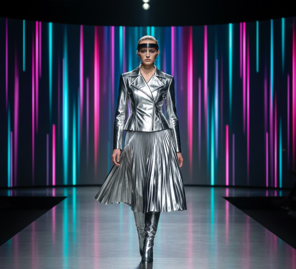 Model wearing retro-futuristic outfit on runway with LED backdrop