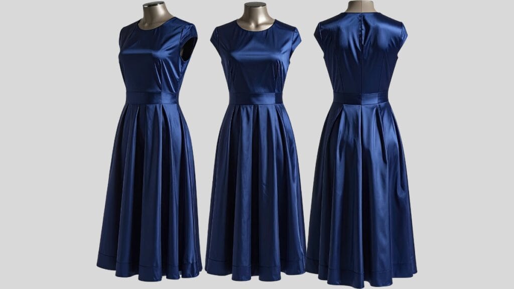 Beautiful satin inexpensive midi dress in navy blue on a mannequin