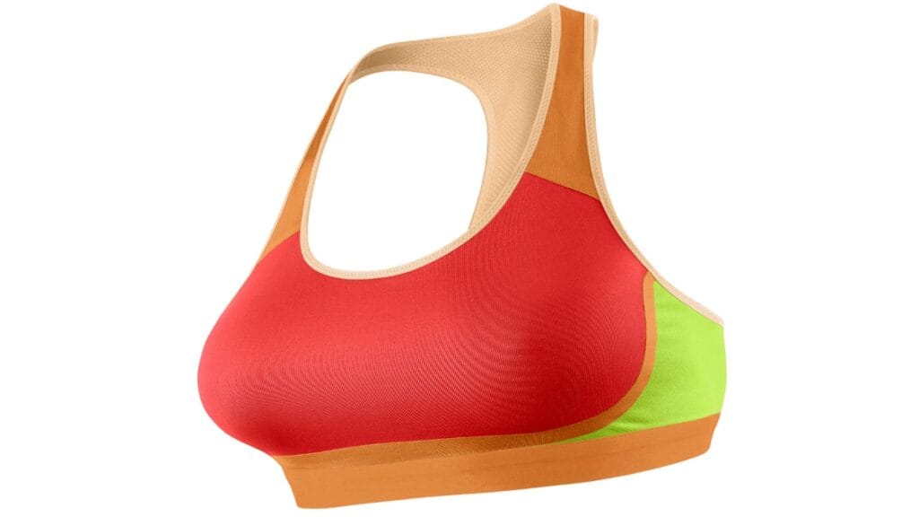 Close-up of a multi-colored sports bra with large cups, highlighting the vibrant red, orange, and green design