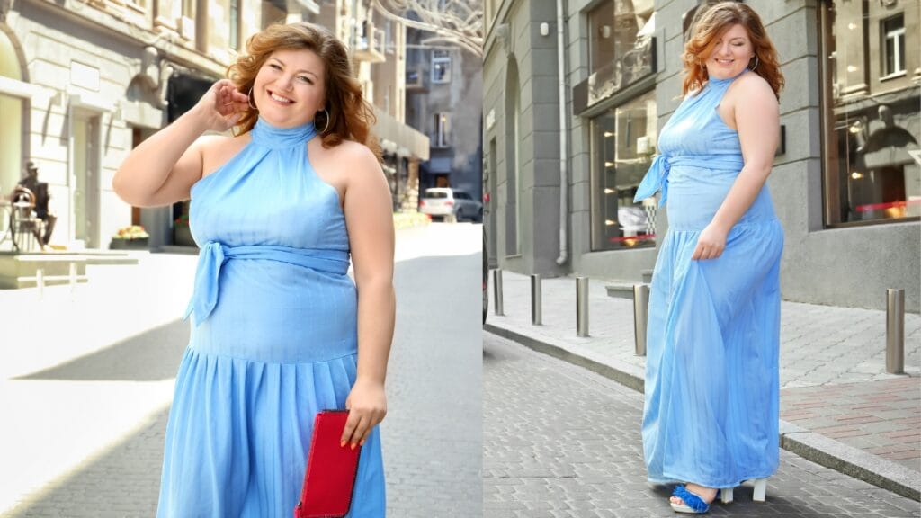 Casual plus size blue gown with a halter neck and tie waist, ideal for day events or outdoor gatherings