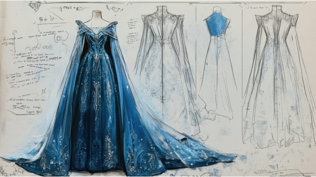 Fantasy-inspired plus size blue gown design with flowing cape and intricate embroidery