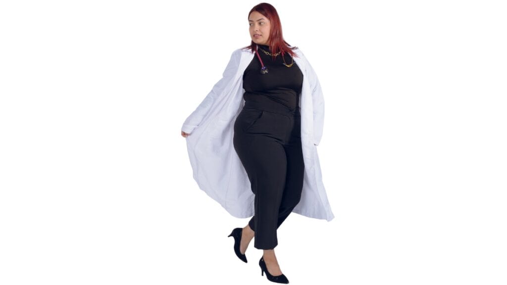 Plus size woman wearing black tailored pants with a white coat, ideal for a respectful and stylish funeral outfit