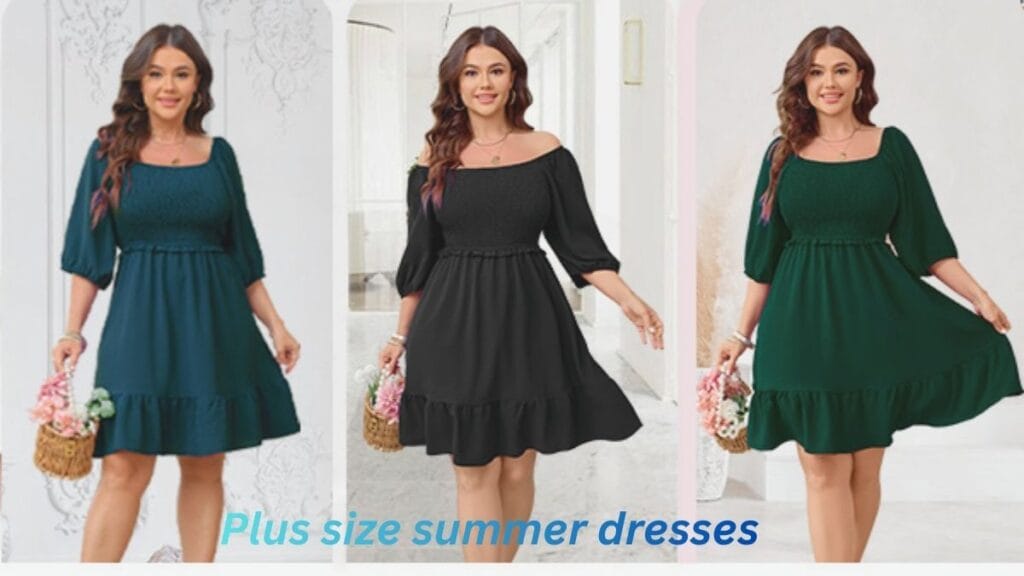 "Plus-size woman wearing colorful summer dresses in teal, black, and green with a flowy design."