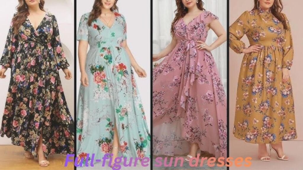 "Full-figure women wearing floral sun dresses in black, mint green, pink, and mustard yellow."