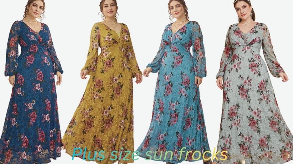 "Plus-size women wearing floral lace sun frocks in blue, mustard, teal, and gray colors."