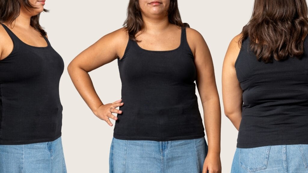 Plus size black workout tank top, front and side view