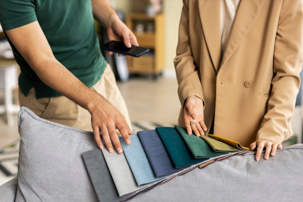 A person and a designer reviewing a range of fabric swatches for a project, with various colors displayed on a couch.