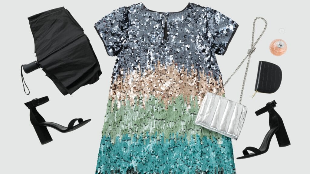 A sequin dress with accessories including heels, bag, and umbrella