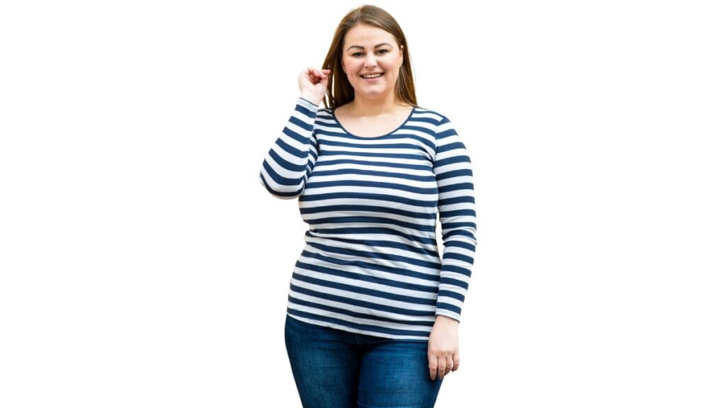 Shop junior plus size clothing - classic striped top paired with blue jeans