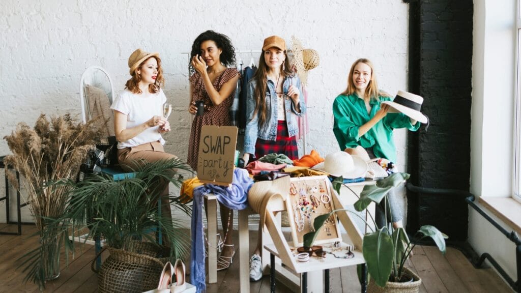 Shop womens fashion at a fun clothes swap party with friends and unique styles