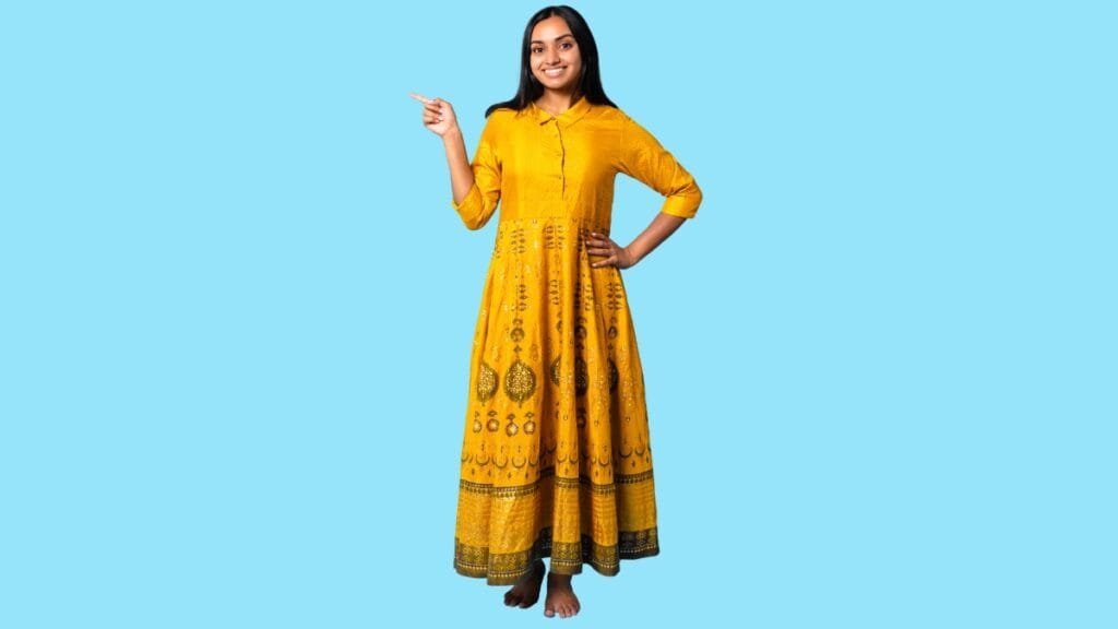 Woman in a yellow traditional dress, ideal for size 12 women dress wear