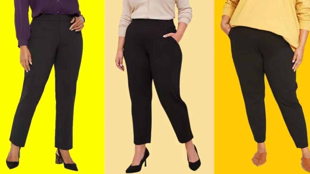 Three women in black pants, each wearing a different top and styled differently. The first woman wears a purple blouse and heels, the second wears a beige top and black heels, and the third wears a yellow top and a pair of brown heels. The background is a vibrant yellow, emphasizing the variety of styles."