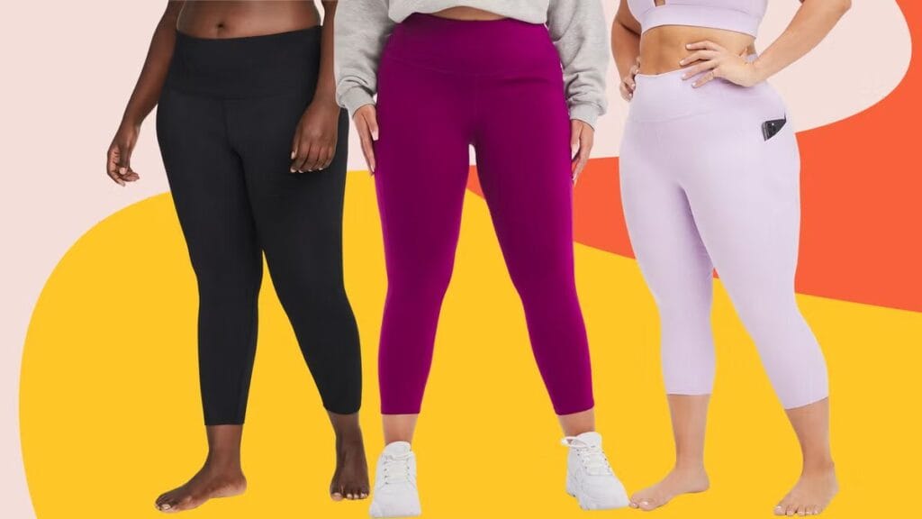 "Three women of different body types wearing colorful plus-size leggings in black, purple, and light purple. They are posed in a casual, athletic setting with a bright background, showcasing the versatility and comfort of plus-size activewear."