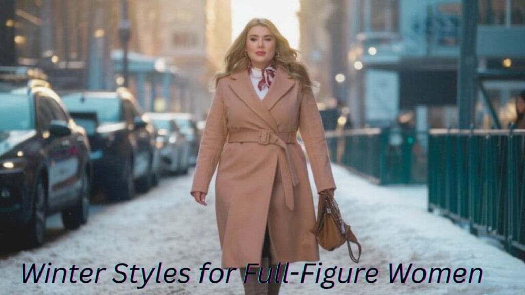 A full-figure woman walking confidently on a snowy street in a beige belted coat, paired with a scarf.