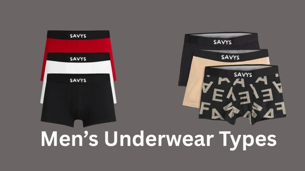 A set of men’s boxer briefs in various colors on the left and patterned boxer briefs on the right, with the text ‘Men’s Underwear Types’ at the bottom