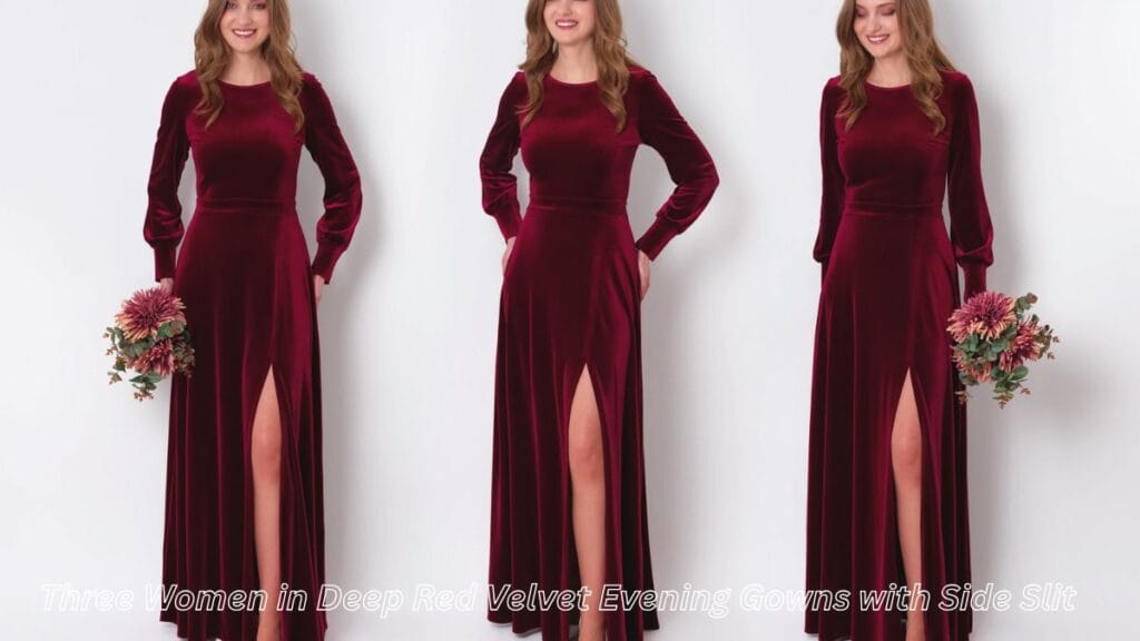 "Three women in deep red velvet evening gowns with side slits, holding flowers and standing in a line."