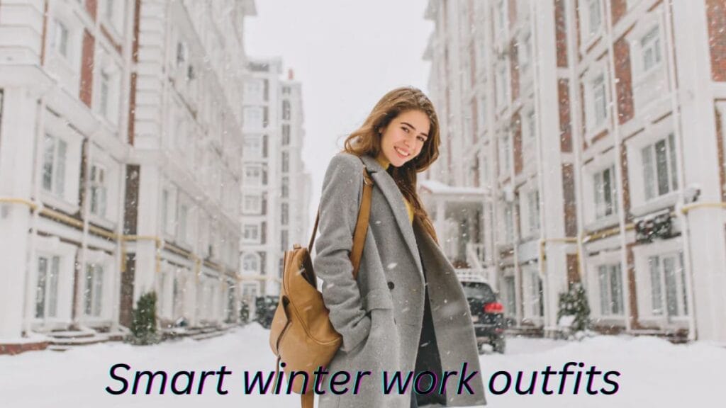 Smart winter work outfit featuring a woman wearing a grey wool coat with a backpack, walking confidently on a snowy city street.