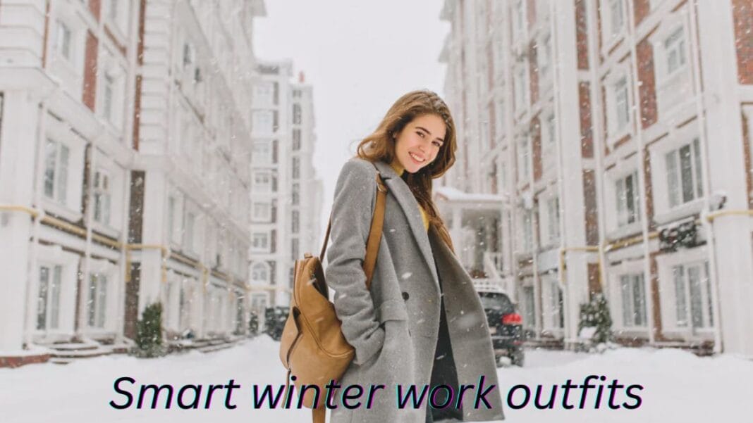 Smart winter work outfit featuring a woman wearing a grey wool coat with a backpack, walking confidently on a snowy city street.