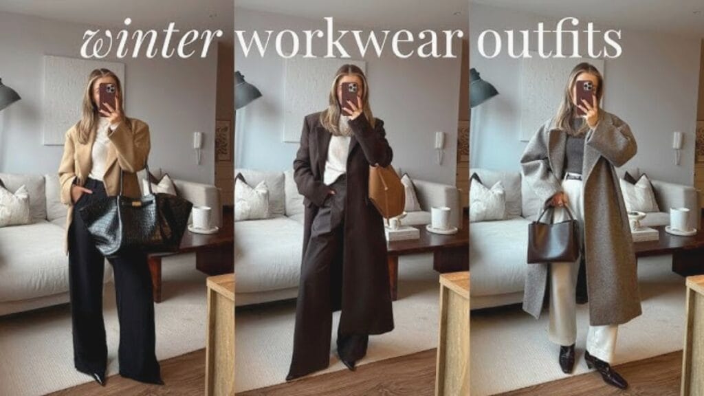 “Three women modeling winter workwear outfits in neutral tones.”