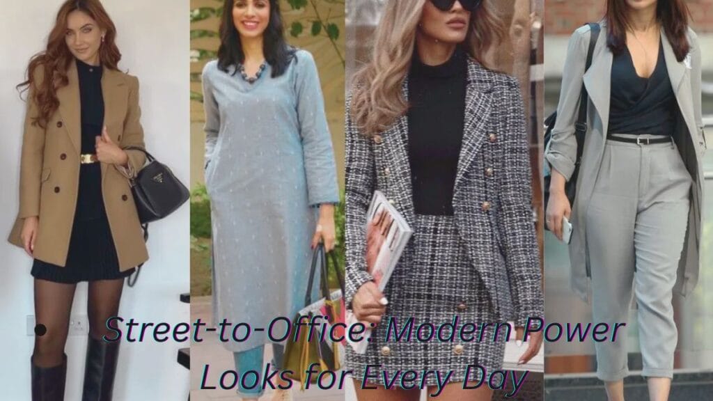 “Four women in street-to-office power outfits: camel coat with black dress, light blue tunic dress, tweed suit with black top, and gray pants with a matching blazer.”
