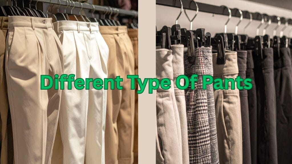 A split-image display of pants on racks. Left side shows light beige and cream trousers in a retail setting. Right side shows a row of darker pants and fabrics, including plaid and gray tones, hanging on hangers. Center overlay text reads “Different Type Of Pants” in green.